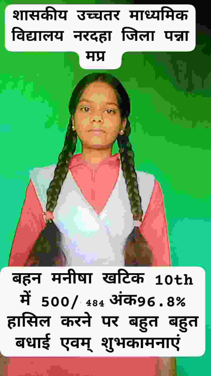 ग्राम पंचायत नरदहा जिला पन्ना मप्र के विद्यालय शासकीय उच्चतर माध्यमिक विद्यालय नरदहा परिवार का नाम रोशन करने वाली बहन मनीषा खटिक को बहुत बहुत बधाई एवम् हार्दिक शुभकामनाएं बेटा