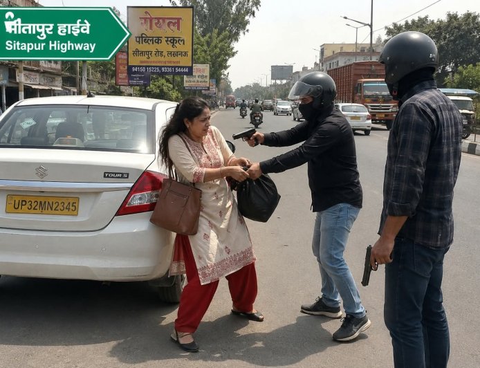 लखनऊ-सीतापुर हाईवे पर दिनदहाड़े बड़ी लूट की वारदात सामने आई। कैब से उतरकर घर जा रही महिला को बदमाशों ने बीच सड़क पर घेर लिया। असलहों से लैस बदमाशों ने महिला से करीब 5 लाख रुपये लूट लिए और मौके से फरार हो गए। घटना से इलाके में दहशत फैल गई।