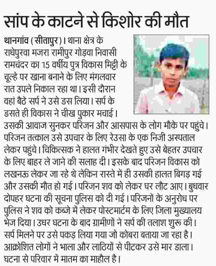 सीतापुर में सांप काटने से किशोर की मौत इलाज के लिए ले जाते समय बिगड़ी हालत:
